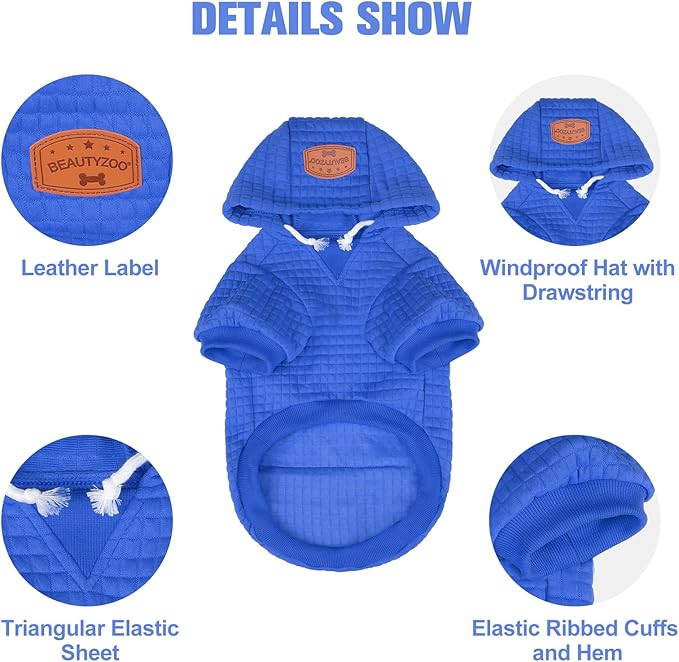 BEAUTYZOO Medium Dog Hoodie Sweater with Pockets, Dog Clothes for Small Medium Dogs Boy Girl, Waffle-Like Laminated Cotton Pet Coats with Hat and Leash Hole, Blue XL