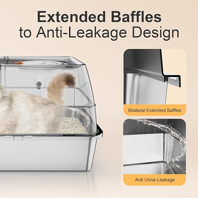 Stainless Steel Litter Box with Lid XL Extra Large Litter Box Enclosed Top Entry Metal Litterbox for Big Cats Easy Cleaning Anti-Leakage & High Sided with Mat Aisle & Scoop, Dark Grey