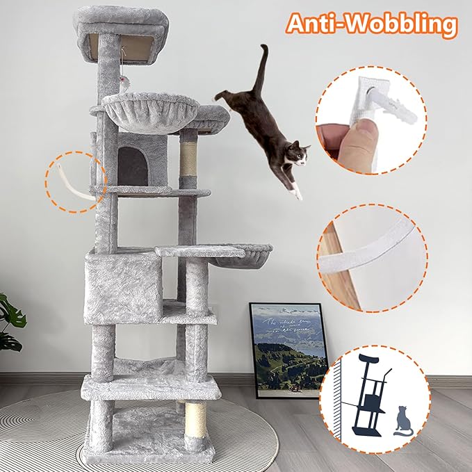 68 Inches Multi-Level Large and Tall Cat Tree Tower for Indoor Cats/Removable Pad/Cat Condo/Sisal Scratching Posts/Hammock/Cat Activity Center/Wide Base