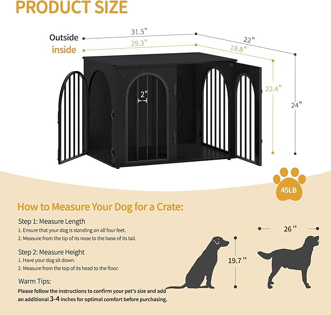 31.5'' Wooden Dog Crate Furniture, Indoor Dog Kennel Dogs Cage for Small/Medium Dogs, Heavy Duty Dog Crates Decorative Pet House End Side Table TV Stand, Black DFC85104B