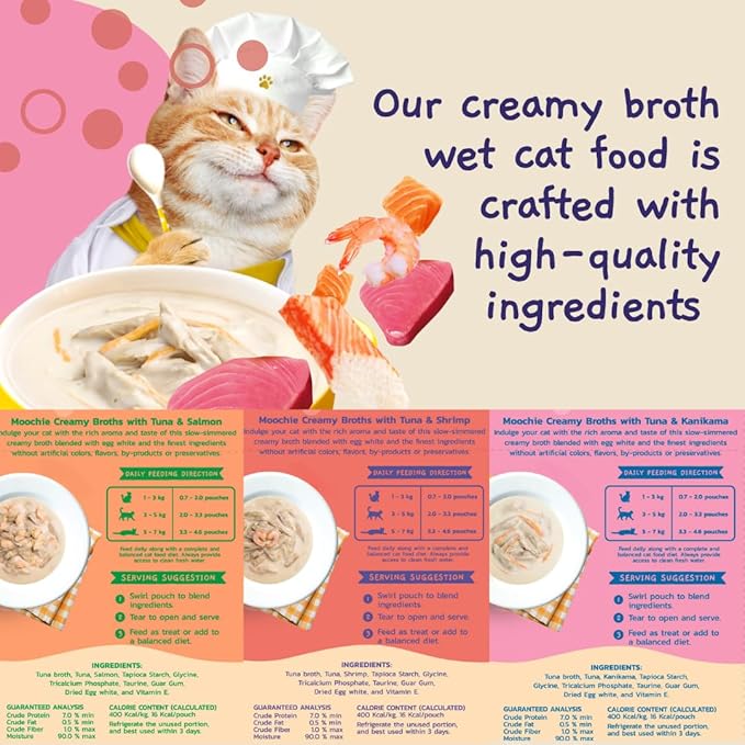 MOOCHIE Grain Free Creamy Seafood Multipack Cat Broth - Real Salmon, Shrimp, Kanikama - No Artificial Flavors or Preservatives - 16 x 1.4 oz Pouch