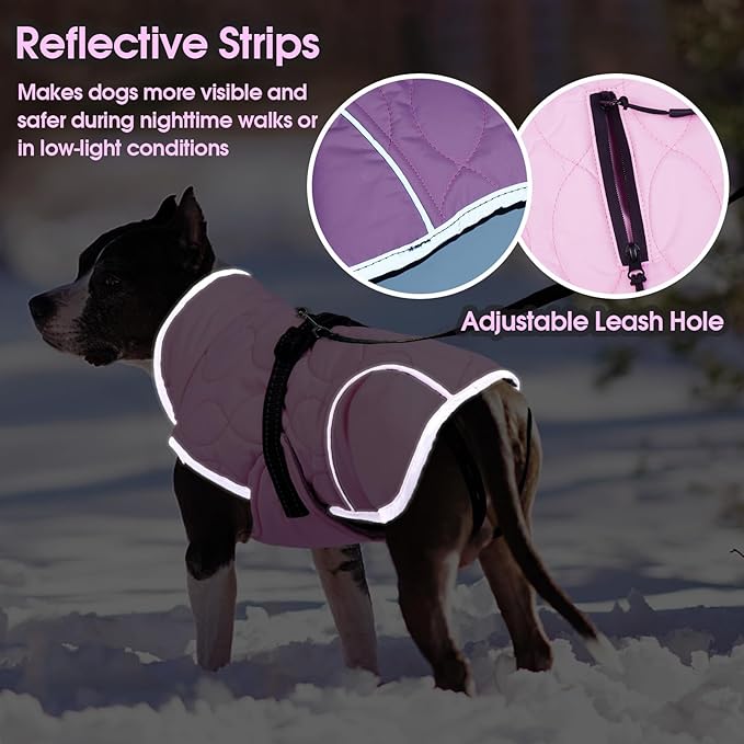 IDOMIK Dog Winter Jacket, Adjustable Waterproof Dog Warm Coat with Fleece Lining, Turtleneck Windproof Cold Weather Coats for Winter, Reflective Warm Snow Jacket for Labrador Golden Retriever,Pink,XL