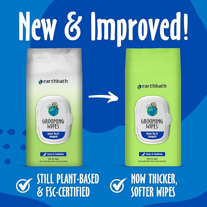 earthbath, Green Tea & Awapuhi Grooming Wipes - Dog Wipes for Paws and Butt, Best Pet Wipes for Dogs & Cats, Made in USA, Cruelty-Free Dog Cleaning Wipes, Removes Dirt & Dander - 100 Count (2 Pack)