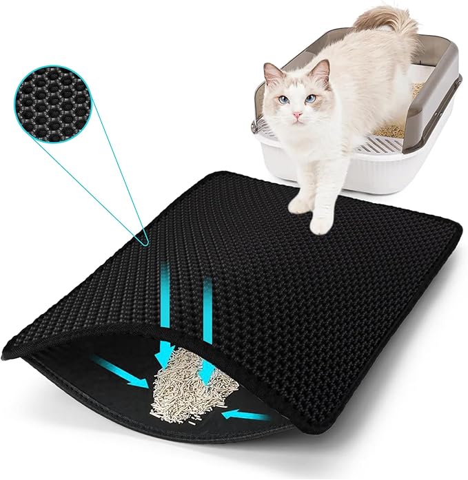 Cat Litter Mat, Kitty Litter Collector, Double Layered Honeycomb Design Waterproof, Anti Urine, Anti Slip, Easy to Clean, Limit Garbage (30"x24", Black)