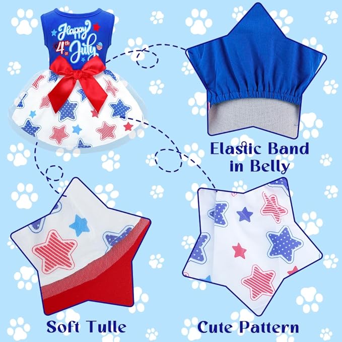 Happy 4th of July Dog Outfit Patriotic Dog Tulle Dress with Red Bowknot Independent Day Dogs Pet Doggie Apparel Clothes for Small Dogs Puppy Cats Girl