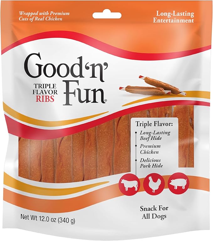 Good ‘n’ Fun Triple Flavor Ribs Chews for All Dogs, Treat Your Dog to Long-Lasting Chews Made with Beef Hide, Chicken and Pork Hide, 12 Ounces