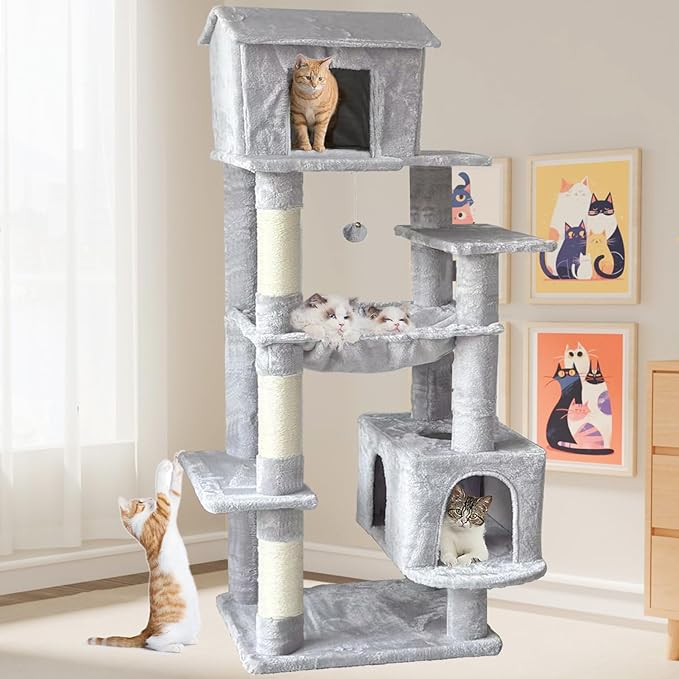 Tall Cat Tree 63 in, Multilevel Cat Tower for Adult Cats, Climbing Tree House and Towers with Condo Hammock Scratching Post Wide Base (Light Gray, 63 in)