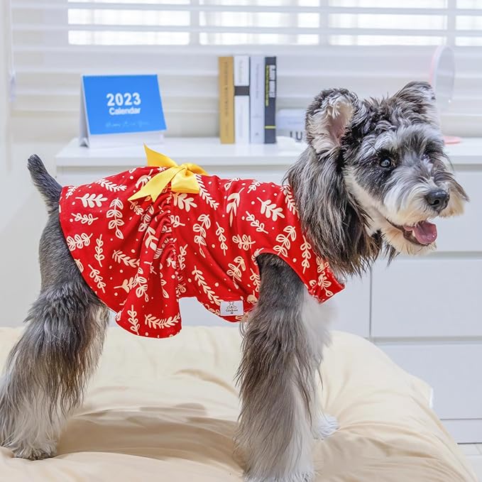 CuteBone Dog Christmas Dresses Outfit Velvet Holiday Small Dogs Clothes Onesie Pet Apparel Girl Puppy Skirt with Bow Hair Rope CVA30M