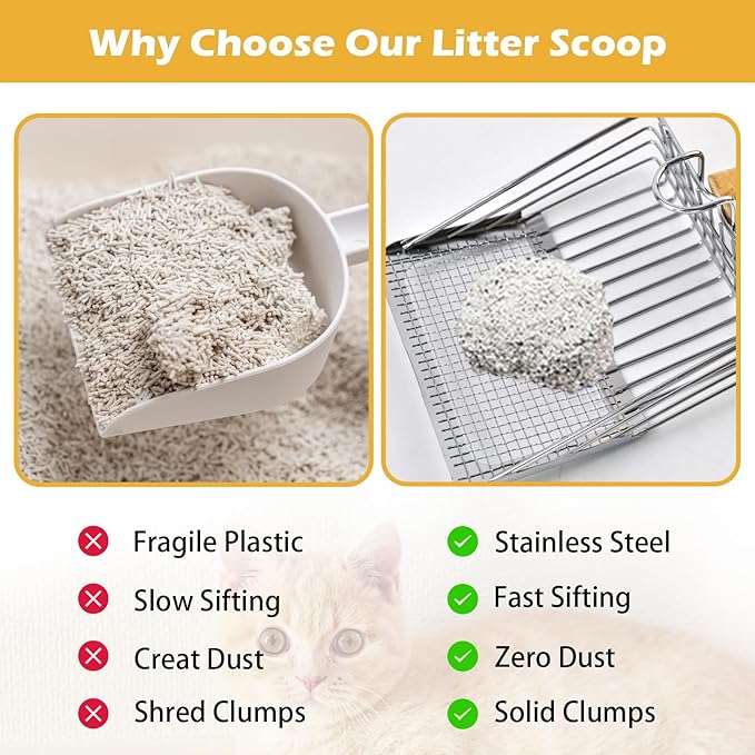 Stainless Steel Cat Litter Scoop,Cat Litter Scooper with Solid Wooden Handle,Kitty Metal Scooper & Speed Sifter Deep Shovel Scoop Filter,Kitten Pooper Lifter for Litter Box