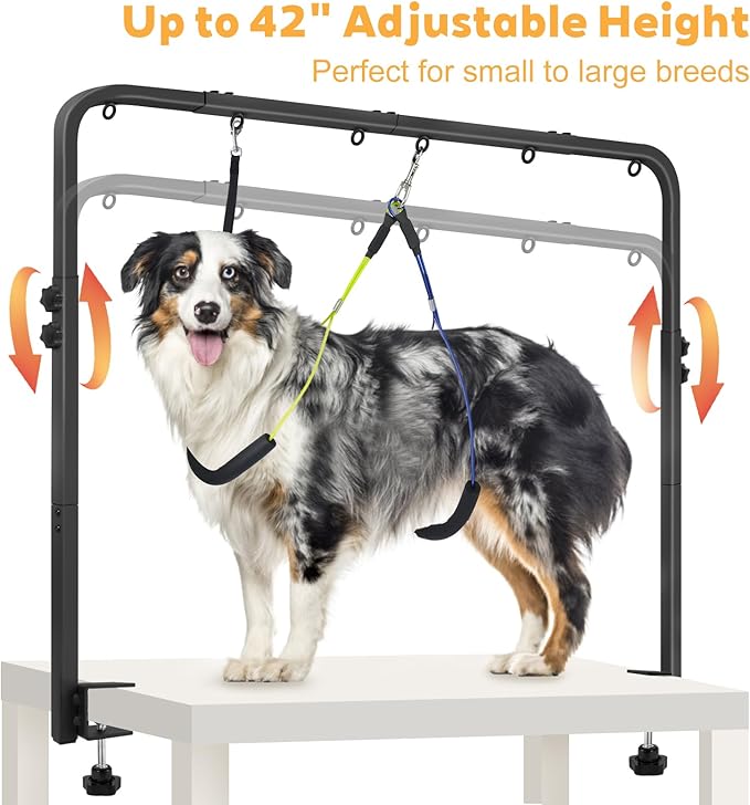 Adjustable Dog Grooming Arm for Table, 30" to 42" Height & 44" to 58" Width, Clamp Fits Up to 2.6", with 2 No-Sit Nooses, Heavy Duty Pet Grooming Restraint for Nail Trimming, Drying & Grooming at Home