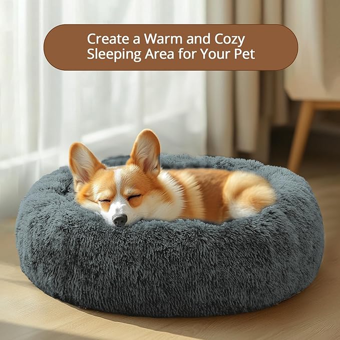 JOLLYVOGUE Calming Dog & Cat Bed for Large Dogs, Anti-Anxiety Donut Cuddler Cozy Soft Round Bed with Anti-Slip Bottom, Fluffy Faux Fur Plush Cushion Beds for Medium Dogs (36")