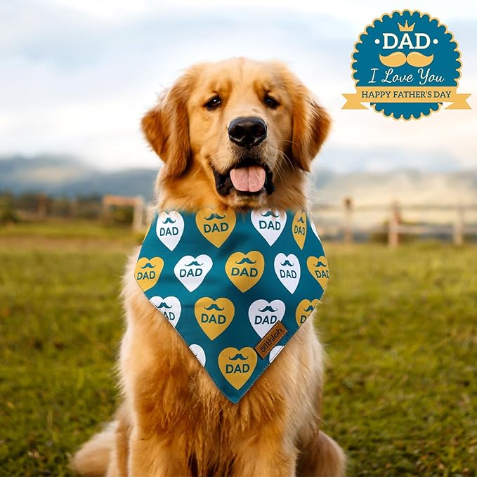 Fathers Day Dog Bandanas - 2 Pack Reversible I Love My Dad Pet Scarf for Boy and Girl | Premium Durable Fabric | Adjustable Bandana for Small Medium Large and Extra Large Dogs (Small)