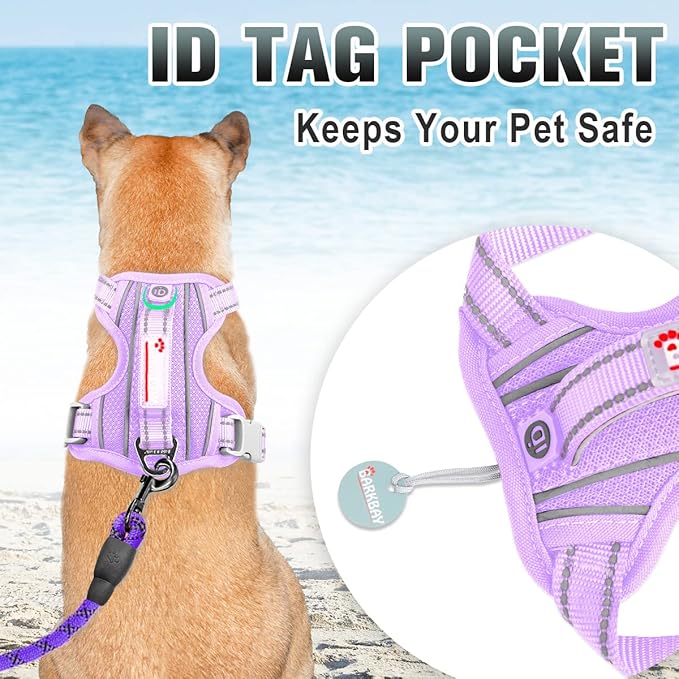 BARKBAY No Pull Dog Harness Large Reflective Dog Harness with Front Clip and Easy Control Handle for Walking Training Running with ID tag Pocket(Violet Purple,S)