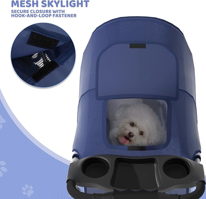 Magshion 3-Wheel Pet Stroller, Foldable Travel Jogger for Small & Medium Dogs & Cats (Up to 33lbs), Lightweight Carrier with Breathable Mesh Cover, Cup Holder & Storage Basket, Navy Blue