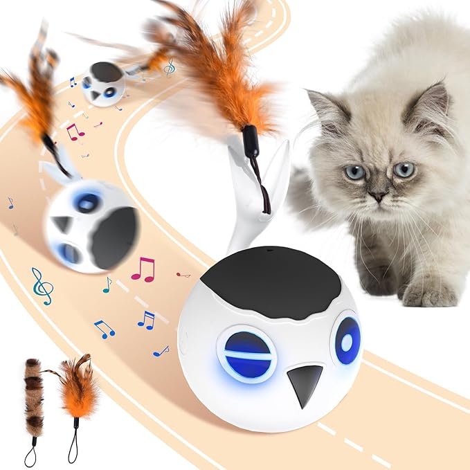 ORSDA Cat Ball Toys, Interactive Cat Toy for Indoor Bored Indoor Cats Kitten Toys, Automatic Electric Bird Moving Ball Toy, 4 Mode Voice & Touch Control Rolling Chirping Stimulating, 2 Feather Tails