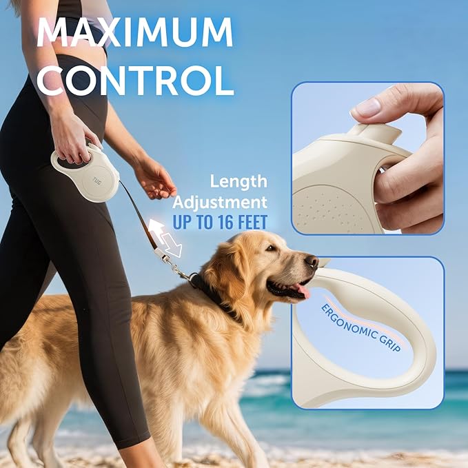 TUG Quest Retractable Dog Leash | 360° Tangle-Free Retraction | 16 ft Strong Nylon Tape (Medium, Cream)
