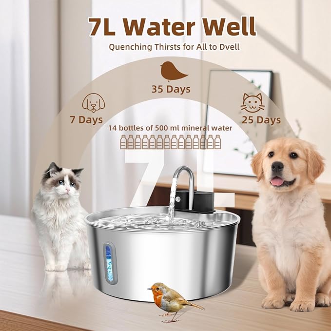 Dog Water Fountain for Large Dogs, 7L/1.8Gal 4200mAh Cordless Dog Water Dispenser, Stainless Steel Automatic Pet Water Fountain Indoor/Outdoor with Ultra-Quiet Pump Multi-Filter, Easy Clean