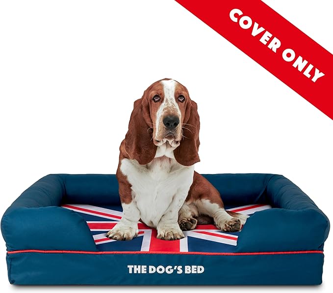 The Dog's Bed Replacement Outer Cover ONLY (Outer Cover ONLY - NO Bed, NO Waterproof Inner) for The Dog's Bed, Washable Oxford Fabric, Large (Blue with Red Piping UK Flag Embroidery & Centre Flag)
