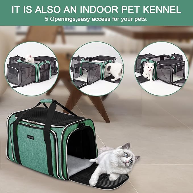 BAGLHER Expandable Cat Carrier with Travel Litter Box, Pet Travel 5 Sides Open Doors 3 Sides, Leak-Proof and Collapsible, for Car, Airplane Trip, Green