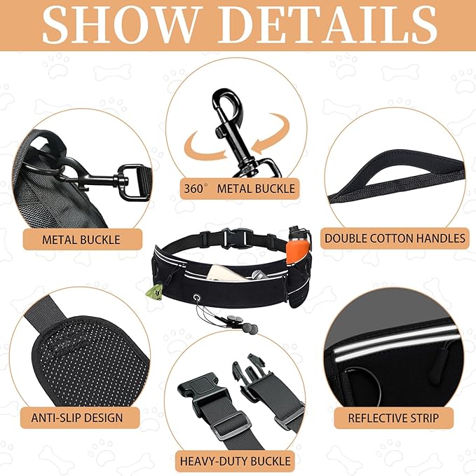 Waist Leash for Dog Walking, Waist Running Leash with Zipper, Walking Pouch for Dog Walking, Reflective Dual Padded Handles Walking Leashs, Bungee Retractable Running for Medium to Large Dogs