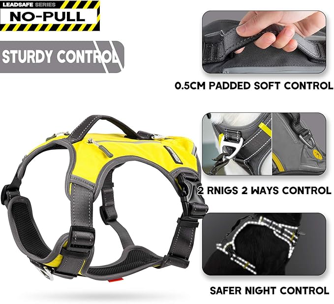 Fida Dog Harness, Multi-Functional No-Pull Pet Vest Harness with Saddle Bags Backpack, Front Leash Clip, Adjustable Soft Padded Reflective No-Choke Dog Vest Heavy Duty for Small Dog, S, Yellow
