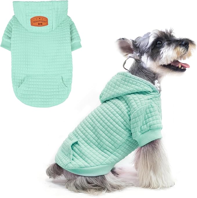 BEAUTYZOO Small Dog Hoodie Sweater with Pockets, Dog Clothes for Small Medium Dogs Boy Girl, Waffle-Like Laminated Cotton Pet Coats with Hat and Leash Hole, Mint Green S