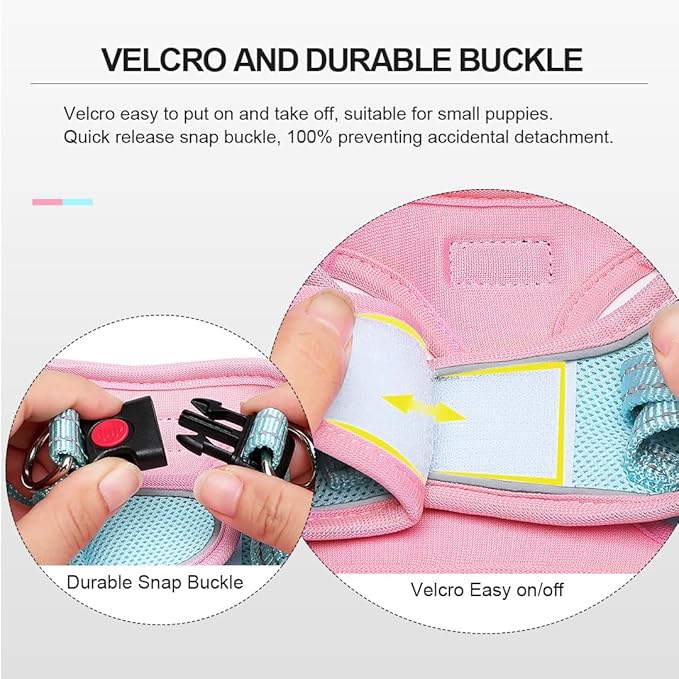 Mercano Soft Mesh Dog Harness and Leash Set, No-Chock Step-in Reflective Breathable Lightweight Easy Walk Vest Harnesses with Safety Buckle for Small Dogs, Cats (XS, Pink Blue)
