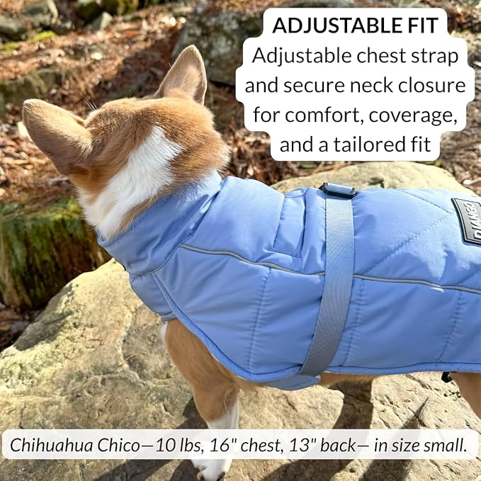 DJANGO Insulated Puffer Dog Jacket with Harness Hole – Warm, Water-Repellent Winter Dog Coat for Small Dogs, Dachshunds, Puppies – Adjustable, Reflective Cold Weather Dog Apparel – Dusk Blue, Medium