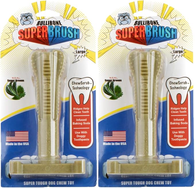 Bullibone SuperBrush: Dog Teeth Cleaning Brushing Toothbrush Stick - Long Lasting Nylon Super Greens Chew Toy for Oral Care and Dental Health