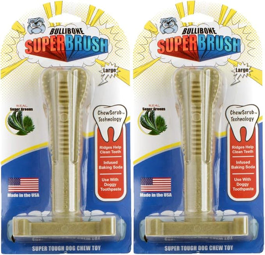 Bullibone SuperBrush: Dog Teeth Cleaning Brushing Toothbrush Stick - Long Lasting Nylon Super Greens Chew Toy for Oral Care and Dental Health