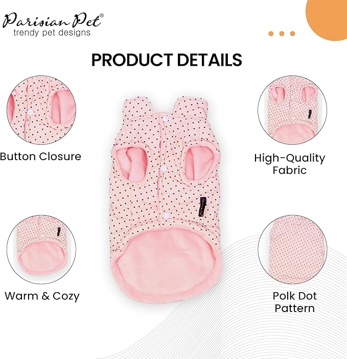 Parisian Pet Dog Jacket – Pink Winter Coat – Windproof Clothes for Cold Weather – Soft and Warm Fleece Vest – Polka Dot Jacket for Large Dogs 2XL