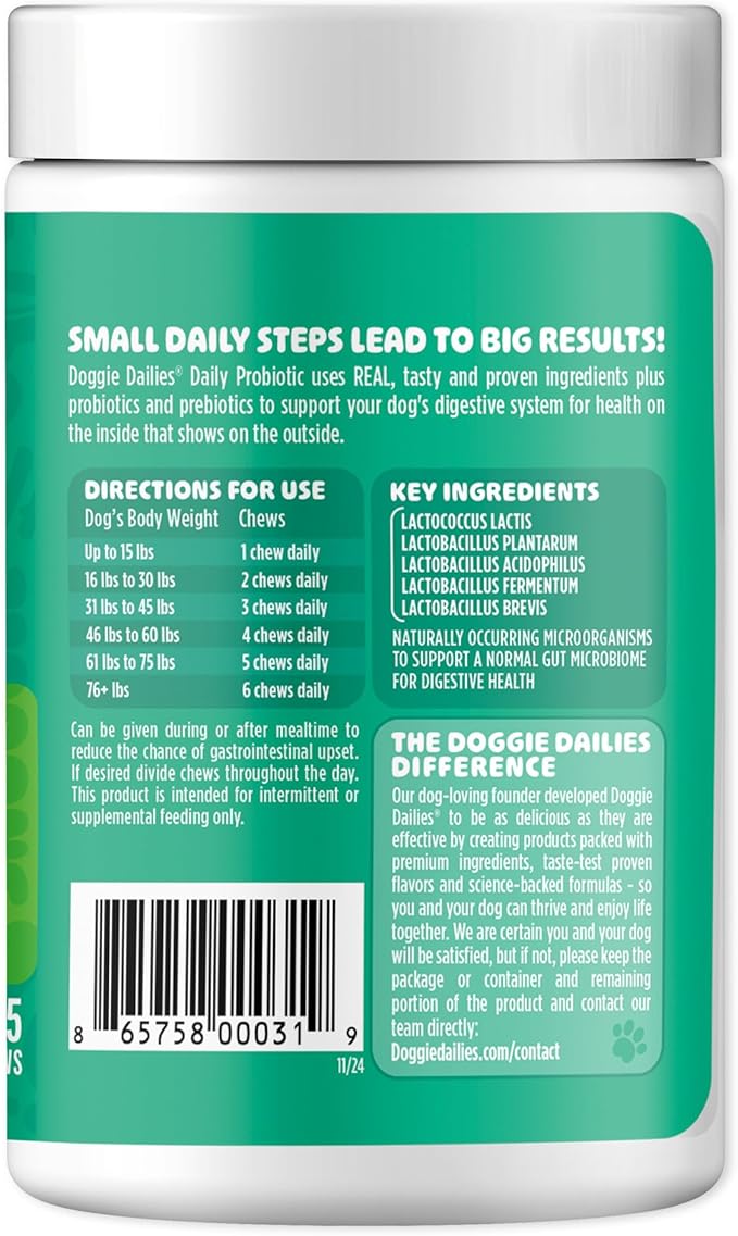 Doggie Dailies Probiotics for Dogs - Advanced Dog Probiotics with Prebiotics - Promotes Digestive Health - Supports Immune System and Overall Health (Duck) 225 Soft Chews