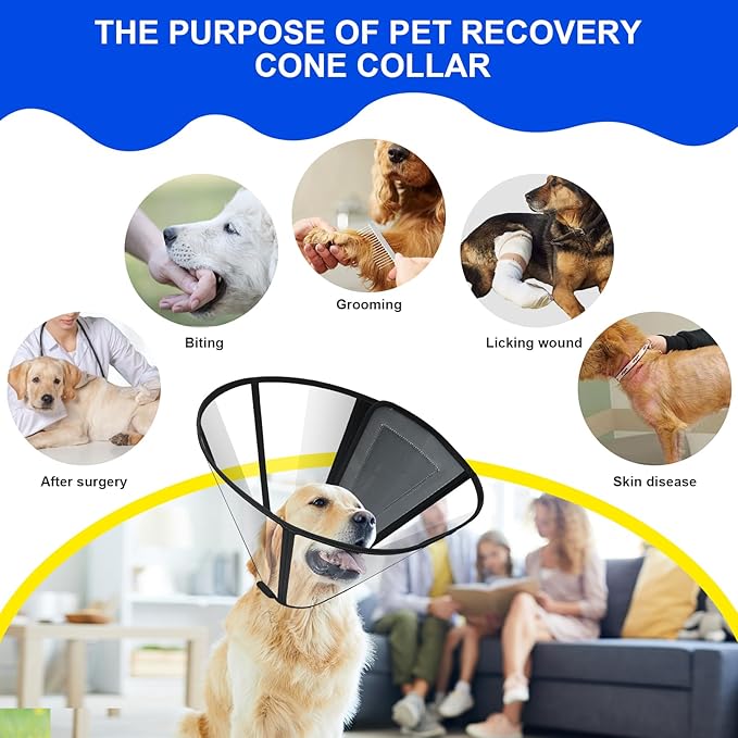 Lainergie Adjustable Soft Dog Cone Collar for After Surgery Recovery, Comfortable Pet Recovery Protective Collar for Medium Large Dogs, Elizabethan Dog Neck Collar (L, Black)