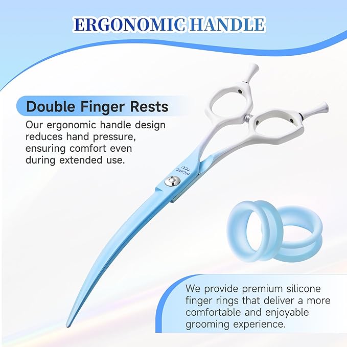 Curved Dog Grooming Scissors Blue to White Gradient 440C Stainless Steel Pet Grooming Shears Sharp Durable Dog Shears for Professional or Home Use Ergonomic Handle with 2 Silicone Finger Rings