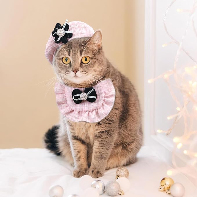 2PCS Cat Beret Hat with Camellia, Adjustable Bow Bandana Scarf Set Pet Princess Costume for Halloween Christmas, Cat Dog Birthday Party Apparel (Camellia)