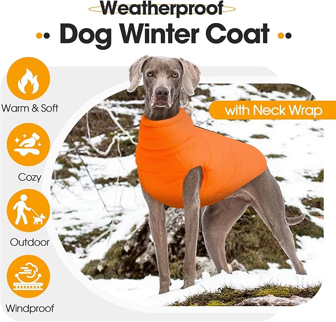 Large Dog Winter Coat with Back Zipper & Detachable Scarf, Waterproof Warm Dog Snow Jacket, Dogs Puffer Vest for Golden Retriever, German Shepherd, Orange 2XL