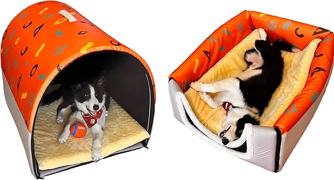 Dog Bed,2 Ways to Use,Indoor Pet House with Fluffy Mat,Removable and Washable Cover,Splash-Proof House and Non-Slip Bottom,for Extra Large Dogs(3XL Orange & Gray)