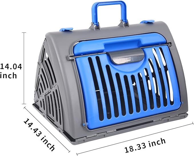Foldable Travel Cat Carrier, Small Cat Carrier Hard Up to 25lbs, 18" Lx14.5 Wx14 H Front Open Type Plastic Cat Carriers, Blue