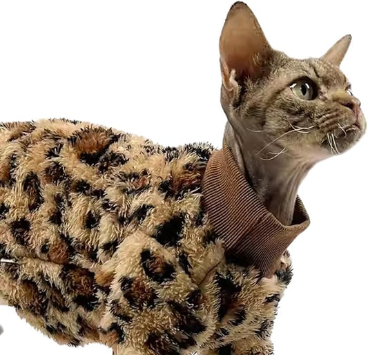 Cat Leopard Double-Sided Fleece Pullover, Soft Warm Clothes for Hairless Sphynx, Devon & All Indoor Kittens in Winter (Leopard,2XL)