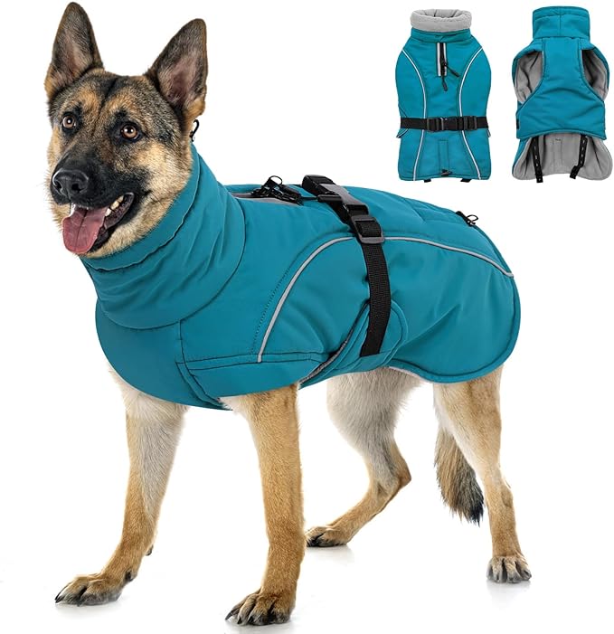 Queenmore XXL Dog Coat, Winter Jacket for Large Dogs, Waterproof Puffy Snowsuit, Adjustable Reflective Fleece Lining Warm Padding Parka for Cold Weather, Blue 3XL