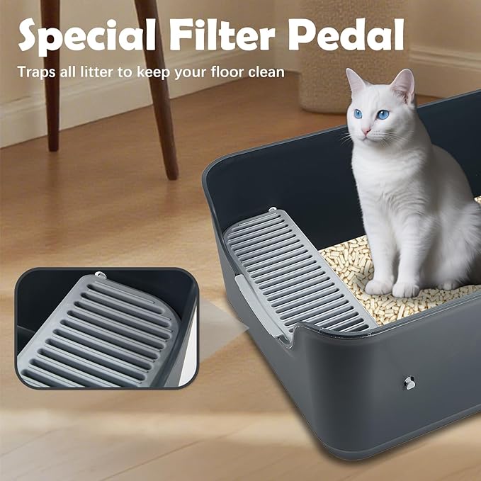 Large Cat Litter Box with High Sides and Low Entry,Open Top Litter Pan with Litter Trapping Pedal for Indoor Big Cats,Kittens and Multicat Homes,Easy to Clean,Anti-Urine Leakage (White)