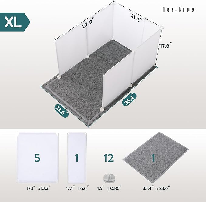 MEEXPAWS Cat Litter Box Enclosure Splash Guard Extra Large 28L × 21.5W x 18H inch, Light Weight Plastic Sheets with Cat Litter Mat Easy Clean (White)