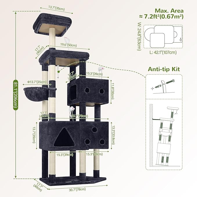 Globlazer Extra Large Cat Tower, 81-inch Tall Cat Tree for Big Cats 20 lbs, XXL Heavy Duty Cat Scratching Tower for Indoor Adult Cats with 3 Cat Condos, 8 Scratching Posts, F81, Dark Grey
