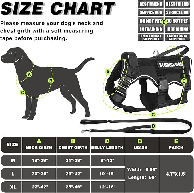 Tactical Service Dog Vest and Leash Set,Heavy Duty Harness with Metal Buckles for Medium Sized Dogs,Adjustable No Pull Pet Vest with Patches for Training Working,Black M
