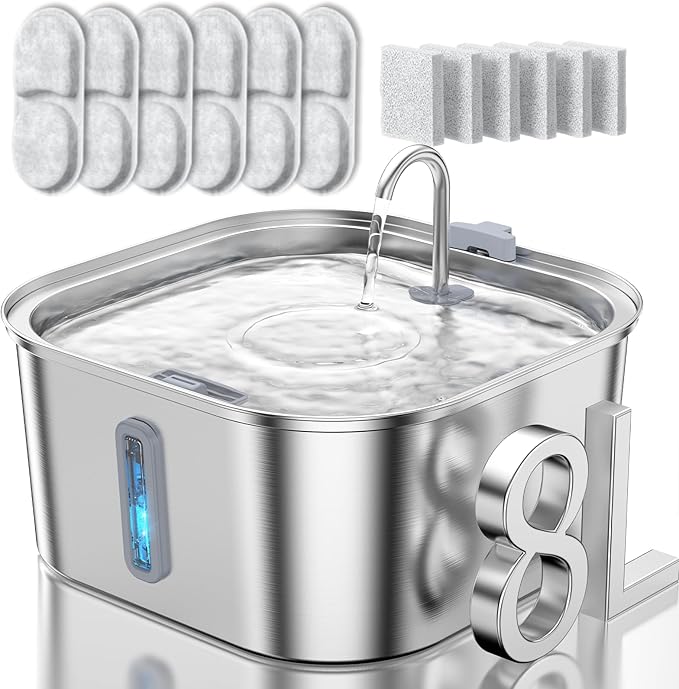 Dog Water Fountain for Large Dogs, 8L/2.1Gal Stainless Steel Pet Water Fountain with Water Level Window, Automatic Dog Water Bowl Dispenser for S-L Dogs and Multi-Pets (with 6pcs Filters)