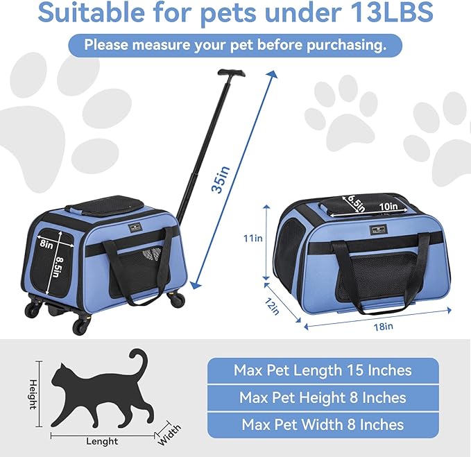 Petsfit Pet Carrier with Wheels, Rolling Cat Carrier for Small Cats, Airline Approved Pet Carrier with Telescopic Handle Perfect for Travelling Under 13lb,Blue