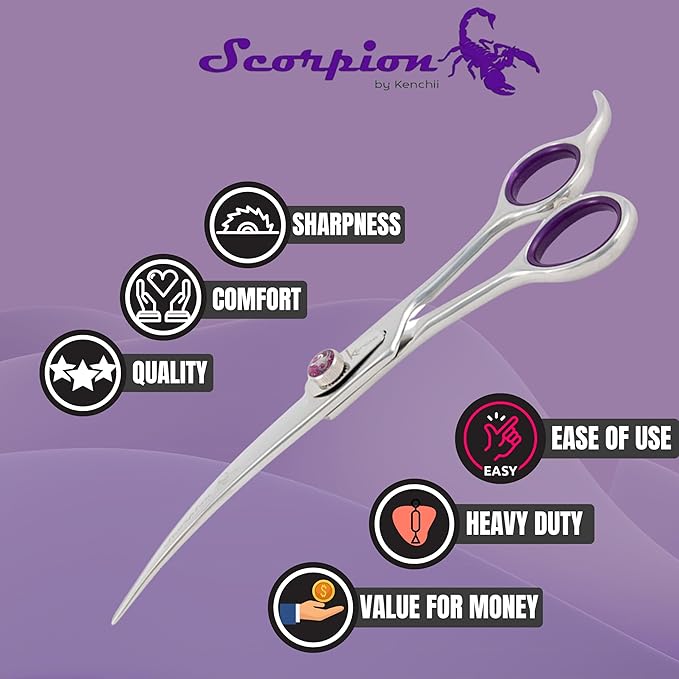 Kenchii Scorpion Dog Grooming Scissors, 7 Inch Curved Shears, Dog Scissors for Grooming, Professional Pet Grooming Scissors, Heavy Duty, Durable and Sharp