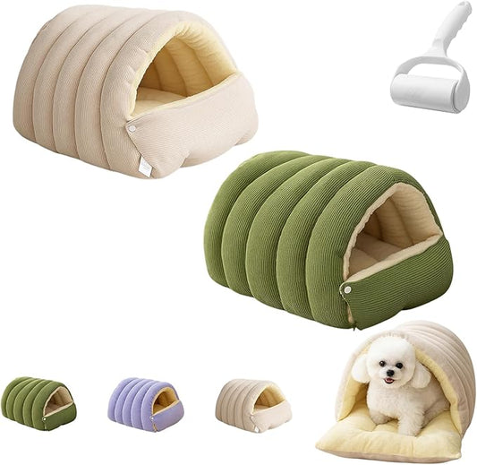 Cutypet Winter Cave, Cutypet Cat Winter Cave, Cute Cat Beds for Indoor Cats, Disassembled Design for Easier Cleaning, with Hair Remover, Suitable for Cats and Small Dogs (Beige+Green, Large)