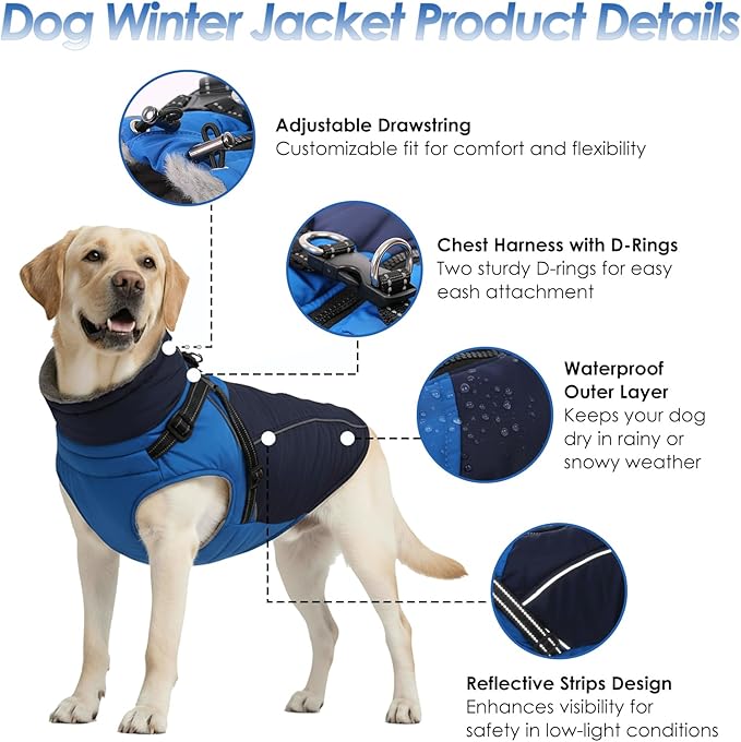 ASENKU Reflective Dog Coat with Built-in Harness, Windproof Fleece-Lined Dog Jacket for Small, Medium, Large Dogs, Warm Winter Vest with Turtleneck & Zipper (Navyblue 2XL)