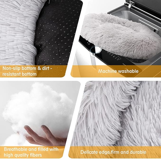 Original Calming Donut Dog and Cat Bed in Shag Fur, Dog Beds for Melium Dogs, Anti Anxiety Round Fluffy Plush Faux Fur Pet Bed (Light Grey, 31×31)